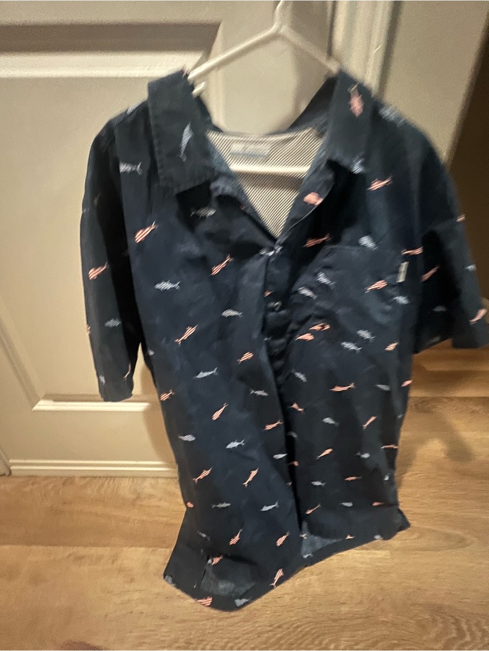Columbia Navy Short-Sleeve Button-Up Shirt with Shark Print